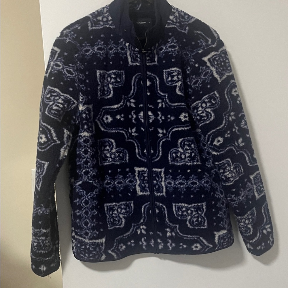 Lucky Brand Men's Blue and White Patterned Zip-Up Fleece